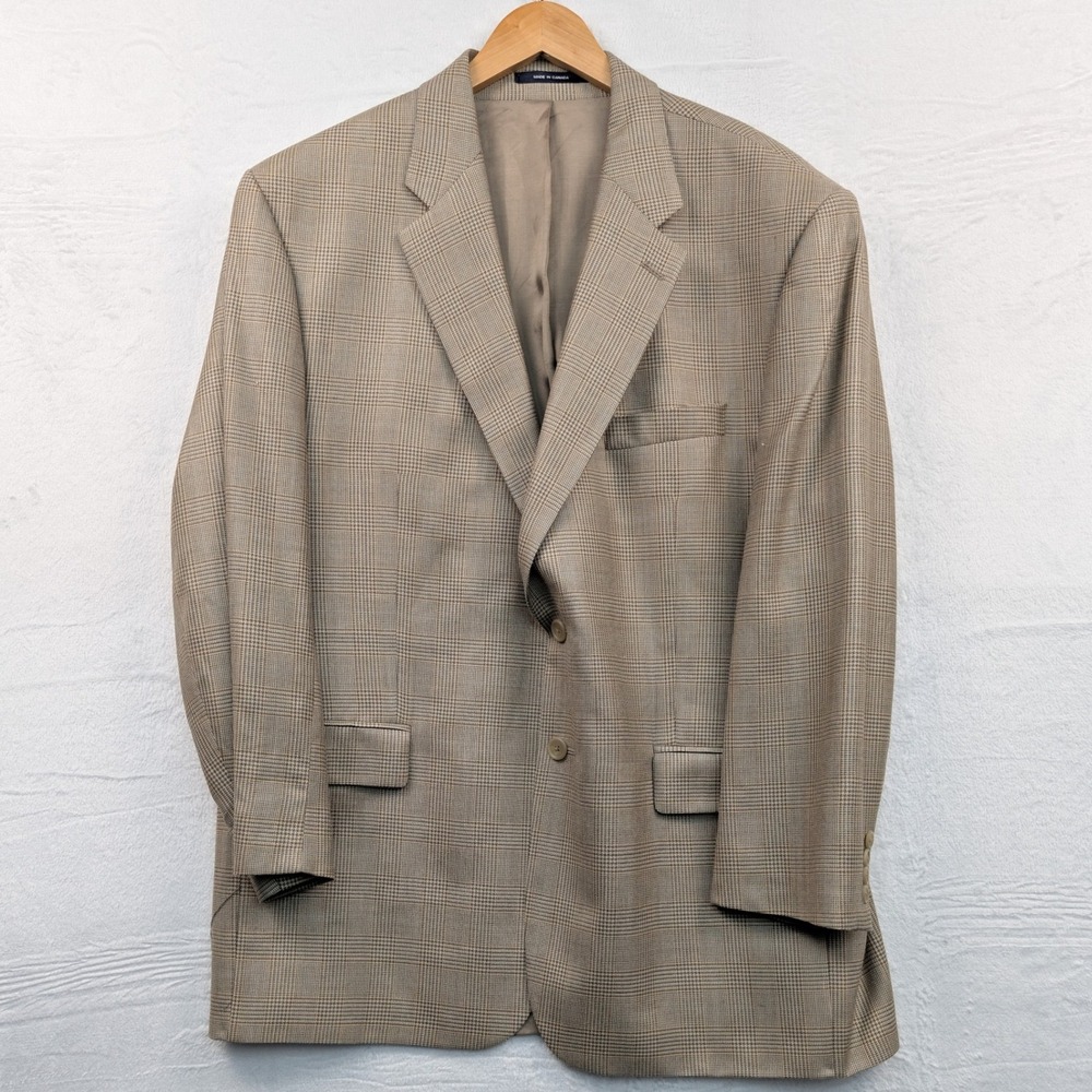 Chaps Ralph Lauren Jacket Men 48R Tan Silk Wool Glen Plaid Blazer Houndstooth